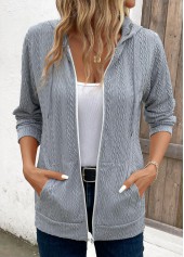 Light Grey Hooded Long Sleeve Pocket Coat