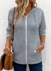 Light Grey Hooded Long Sleeve Pocket Coat