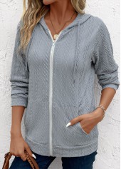 Light Grey Hooded Long Sleeve Pocket Coat