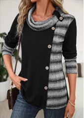 Striped Patchwork Black Long Sleeve Cowl Neck Sweatshirt