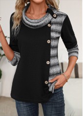 Striped Patchwork Black Long Sleeve Cowl Neck Sweatshirt