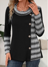 Striped Patchwork Black Long Sleeve Cowl Neck Sweatshirt