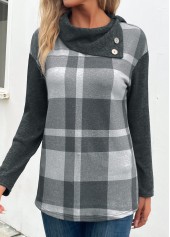 Plaid Patchwork Dark Grey Marl Long Sleeve Sweatshirt
