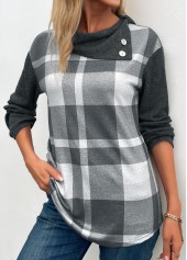 Plaid Patchwork Dark Grey Marl Long Sleeve Sweatshirt