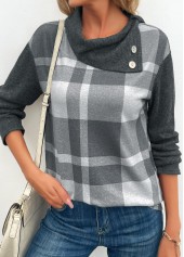 Plaid Patchwork Dark Grey Marl Long Sleeve Sweatshirt