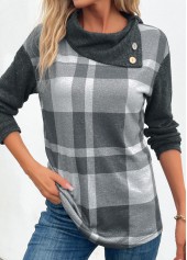 Plaid Patchwork Dark Grey Marl Long Sleeve Sweatshirt