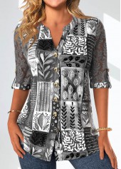 Leaf Print Lace Dark Grey Split Neck Blouse