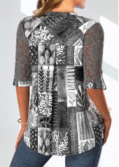 Leaf Print Lace Dark Grey Split Neck Blouse
