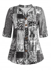 Leaf Print Lace Dark Grey Split Neck Blouse