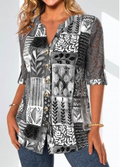 Leaf Print Lace Dark Grey Split Neck Blouse