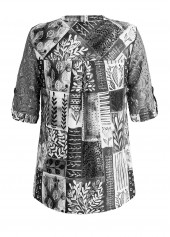 Leaf Print Lace Dark Grey Split Neck Blouse