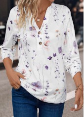 Floral Print Button White Split Neck T Shirt