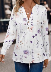 Floral Print Button White Split Neck T Shirt