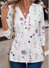 Floral Print Button White Split Neck T Shirt