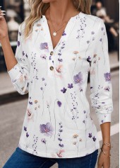 Floral Print Button White Split Neck T Shirt