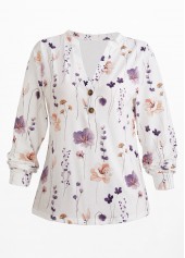 Floral Print Button White Split Neck T Shirt