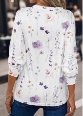 Floral Print Button White Split Neck T Shirt