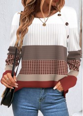 Plus Size Wine Red Patchwork Geometric Print Sweatshirt
