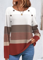 Plus Size Wine Red Patchwork Geometric Print Sweatshirt