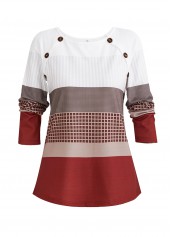 Plus Size Wine Red Patchwork Geometric Print Sweatshirt