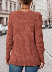 Brick Red Square Neck Long Sleeve Button T Shirt