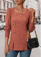 Brick Red Square Neck Long Sleeve Button T Shirt