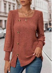Brick Red Square Neck Long Sleeve Button T Shirt