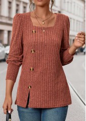 Brick Red Square Neck Long Sleeve Button T Shirt