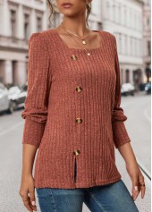 Brick Red Square Neck Long Sleeve Button T Shirt