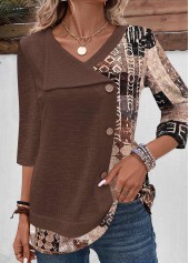 Geometric Print Patchwork Light Coffee T Shirt