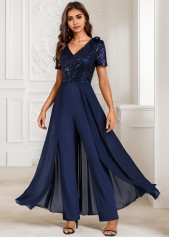 Sequin Long V Neck Short Sleeve Navy Jumpsuit