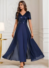 Sequin Long V Neck Short Sleeve Navy Jumpsuit