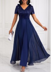 Sequin Long V Neck Short Sleeve Navy Jumpsuit