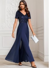 Sequin Long V Neck Short Sleeve Navy Jumpsuit