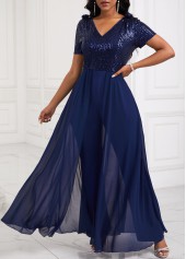 Sequin Long V Neck Short Sleeve Navy Jumpsuit