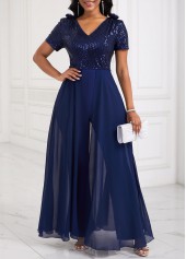 Sequin Long V Neck Short Sleeve Navy Jumpsuit