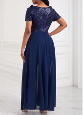 Sequin Long V Neck Short Sleeve Navy Jumpsuit