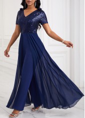 Sequin Long V Neck Short Sleeve Navy Jumpsuit