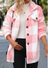 Plaid Button Light Pink Long Sleeve Coat