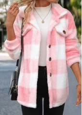 Plaid Button Light Pink Long Sleeve Coat