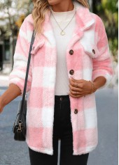 Plaid Button Light Pink Long Sleeve Coat