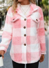 Plaid Button Light Pink Long Sleeve Coat