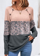 Leopard Light Pink Decorative Button Round Neck T Shirt