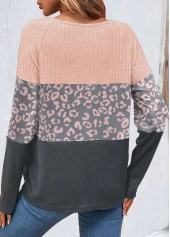 Leopard Light Pink Decorative Button Round Neck T Shirt