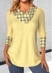 Plaid Patchwork Light Yellow V Neck T Shirt