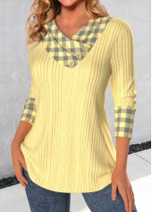 Plaid Patchwork Light Yellow V Neck T Shirt