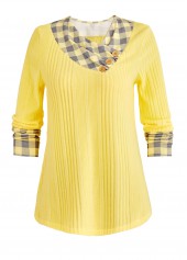 Plaid Patchwork Light Yellow V Neck T Shirt