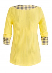 Plaid Patchwork Light Yellow V Neck T Shirt