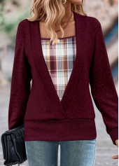 Plaid Fake 2in1 Wine Red Square Neck Sweatshirt