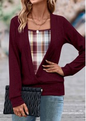 Plaid Fake 2in1 Wine Red Square Neck Sweatshirt